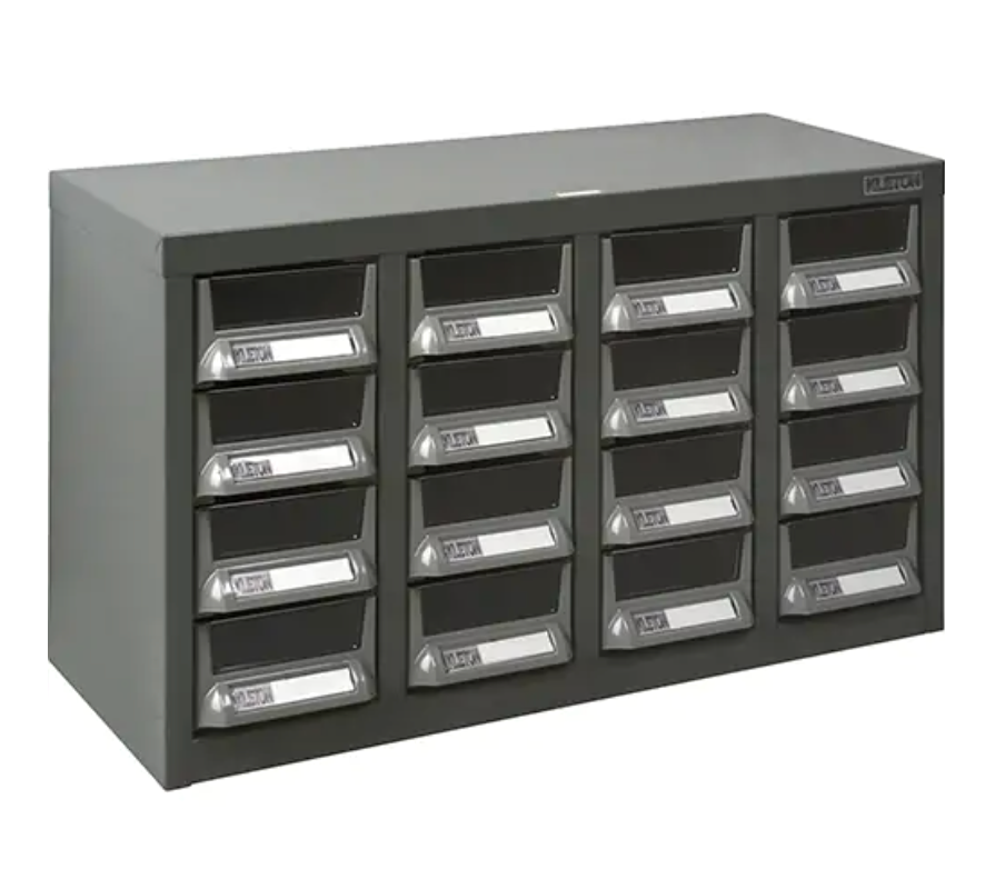 Casiers pour pièces KPC-400 en acier galvanisé gris avec 48 tiroirs robustes et étiquettes protégées en plastique.