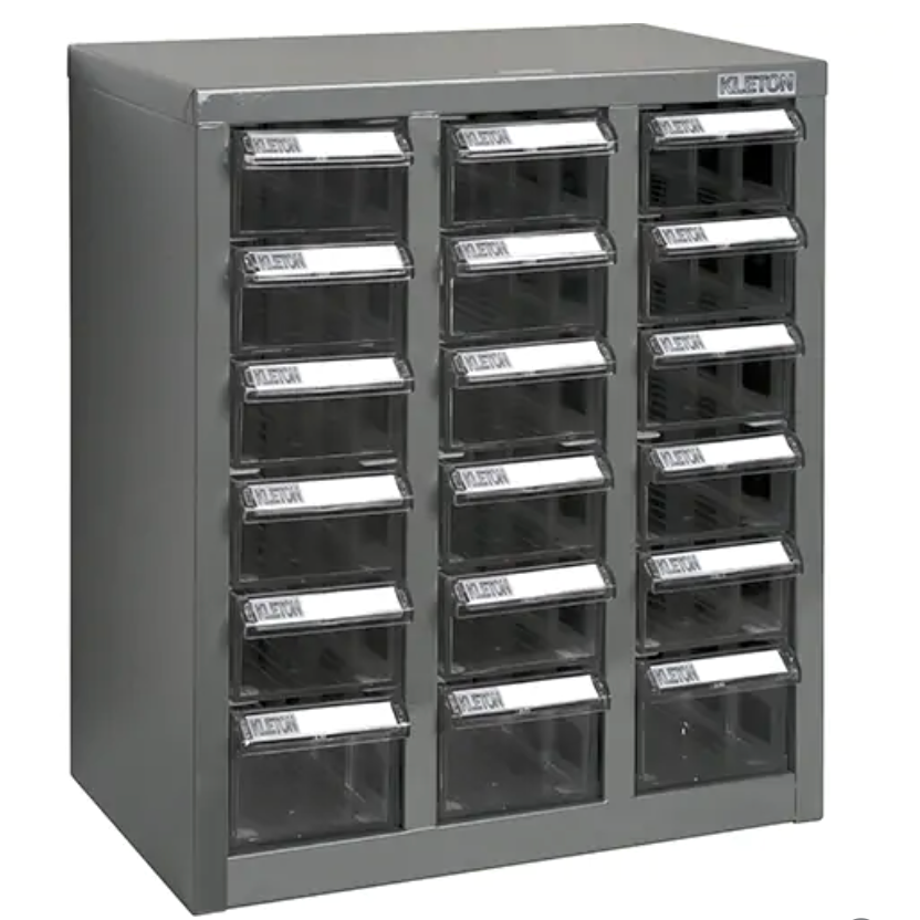 Casiers pour pièces KPC-600, acier galvanisé avec tiroirs ABS robustes, étiquettes plastiques et séparateurs intégrés.