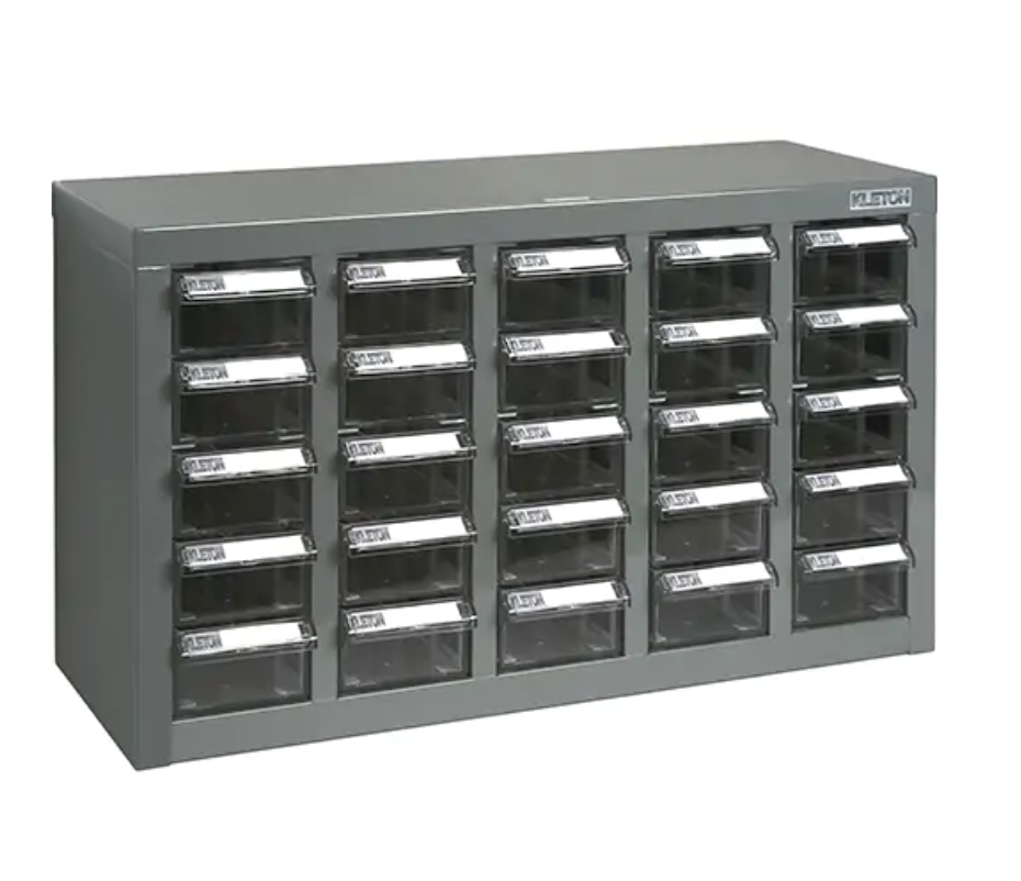 Casiers pour pièces KPC-600 en acier galvanisé avec tiroirs robustes et étiquettes protégées pour rangement optimisé.