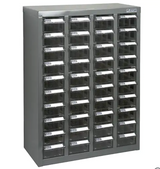Casiers pour pièces KPC-600 en acier galvanisé avec tiroirs robustes gris en ABS et étiquettes protectrices.