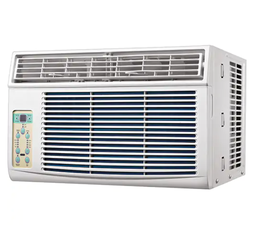 Climatiseur horizontal, Fenêtre blanc avec commandes numériques et grilles d’aération pour installation en fenêtre standard.