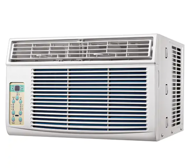 Climatiseur horizontal, Fenêtre blanc avec commandes numériques et grilles d’aération pour installation en fenêtre standard.