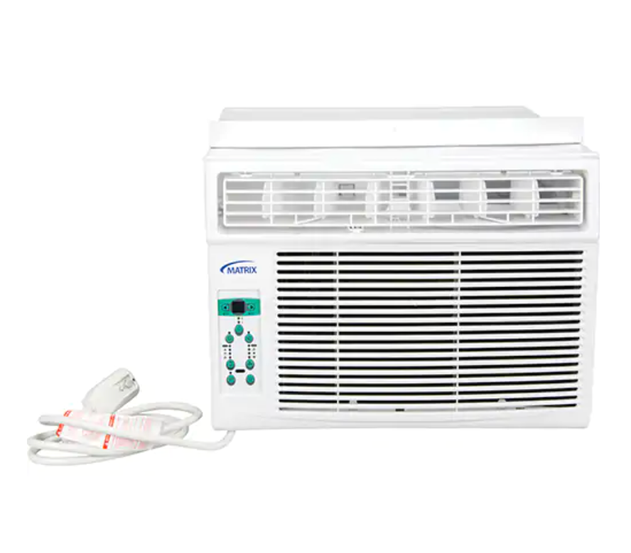 Climatiseur horizontal, Fenêtre blanc avec ventilateur à trois vitesses et panneau extensible pour fenêtre.