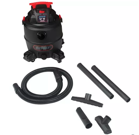 Aspirateur, Secs-humides, 6 CV, 8 gal. US avec accessoires complets et roulettes pivotantes pour un déplacement facile.