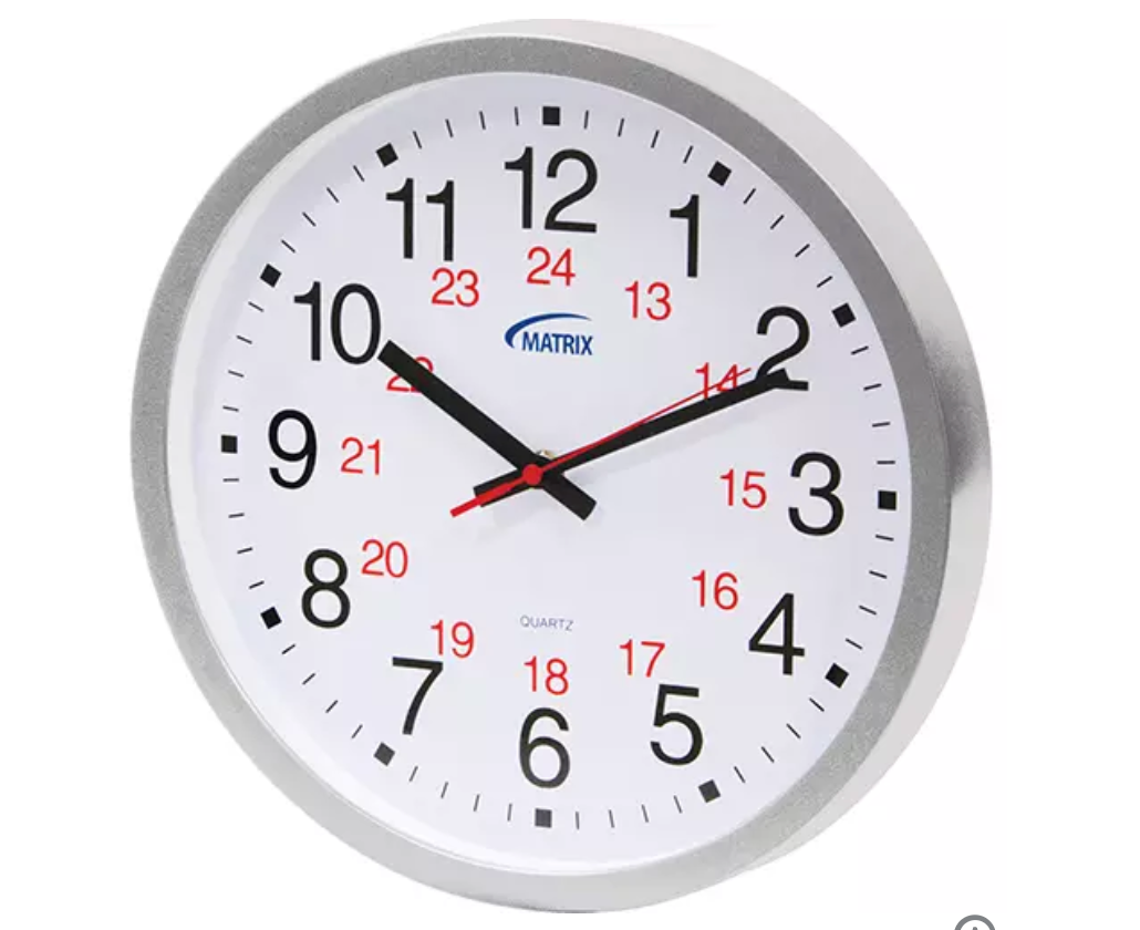 12/24 Hour Clock, Analog, Battery Operated, 12", Silver 