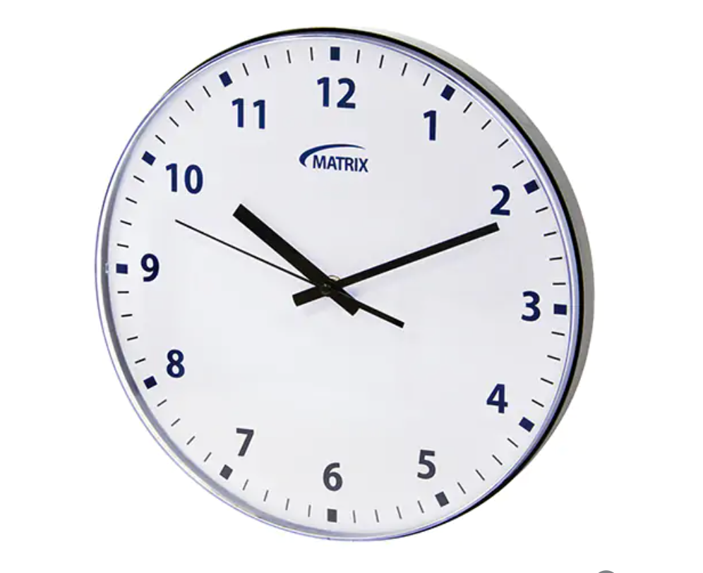 12/24 Hour Clock, Analog, Battery Operated, 12", Silver 
