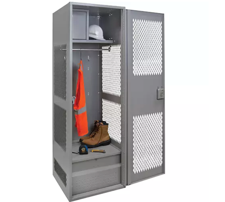 Casier pour équipement avec porte, Acier, 24" la x 18" p x 72" h, Gris, rangement sécurisé avec porte-manteau et verrou.