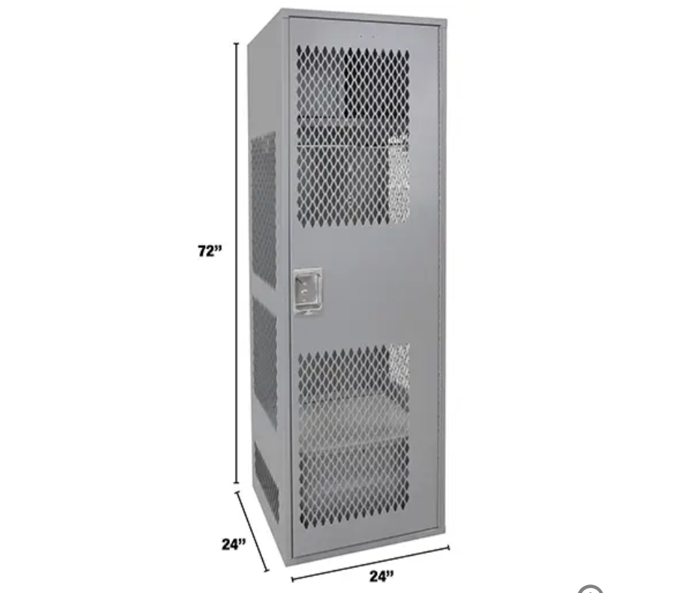 Casier pour équipement avec porte, Acier, 24" la x 18" p x 72" h, Gris avec porte ventilée et serrure sécurisée.