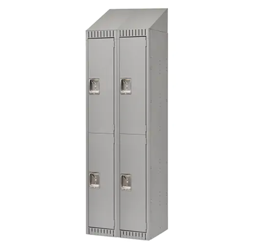 Casiers assemblés, 2 niveaux, Acier, Gris, Rivet (assemblé) avec portes à panneaux doubles et poignées rétractables.