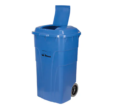 Bac de recyclage roulant Bord de rue polyéthylène bleu 65 gal US avec roues et couvercle basculant.