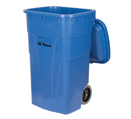 Bac de recyclage roulant Bord de rue en polyéthylène bleu 65 gal US avec roues et poignée ergonomique.
