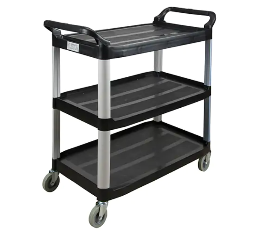 Chariot utilitaire, 3 tiers, Capacité 250 lb, design léger avec tablettes pour un chargement facile et rapide.