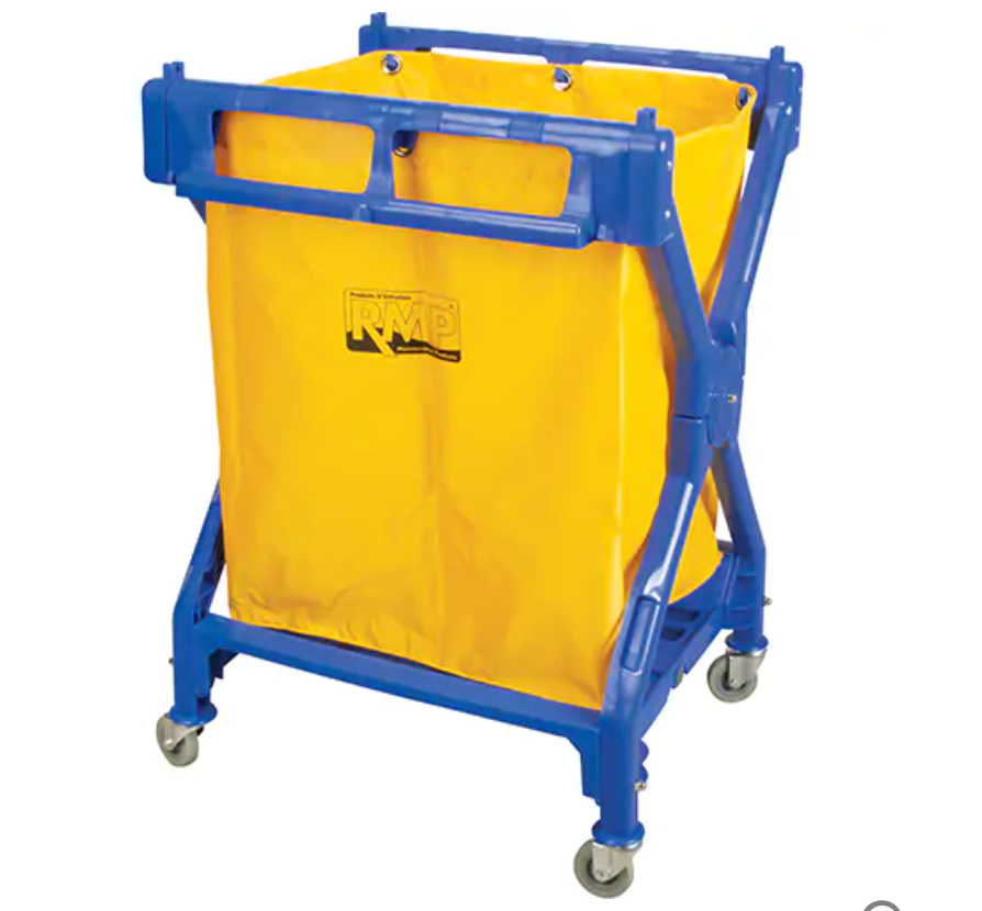 Chariot à linge, Plastique, 25-3/8" la x 25" p x 38-1/2" h avec sac nylon jaune et roulettes pivotantes.