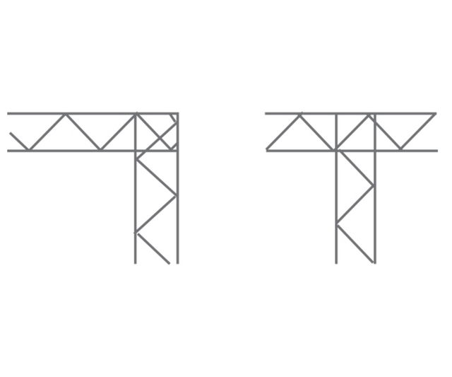 Schéma de l'armature 145 Coins T & L – Type truss pour murs en blocs de béton sur commande uniquement.