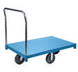 Chariot à plateforme robuste, 48" lo x 24" la, capacité 2500 lb, roues en nylon, poignée chromée amovible, cadre en émail bleu.