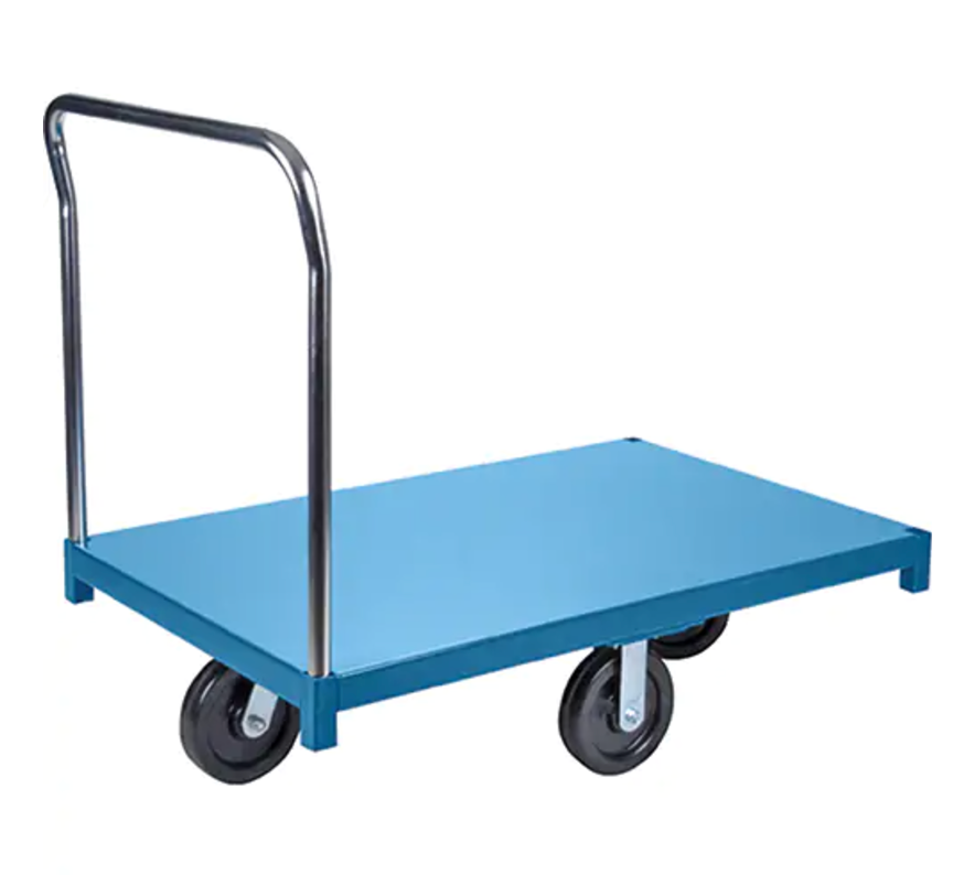 Chariot à plateforme robuste, 48" lo x 24" la, capacité 2500 lb, roues en nylon, poignée chromée amovible, cadre en émail bleu.