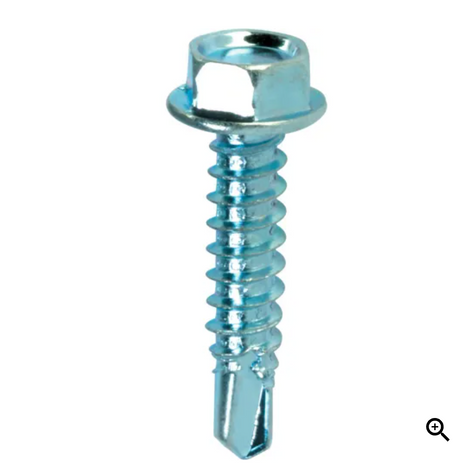 Vis autotaraudeuse en acier zingué avec tête hexagonale et pointe foreuse, conçue pour la fixation directe dans le métal sans préperçage.