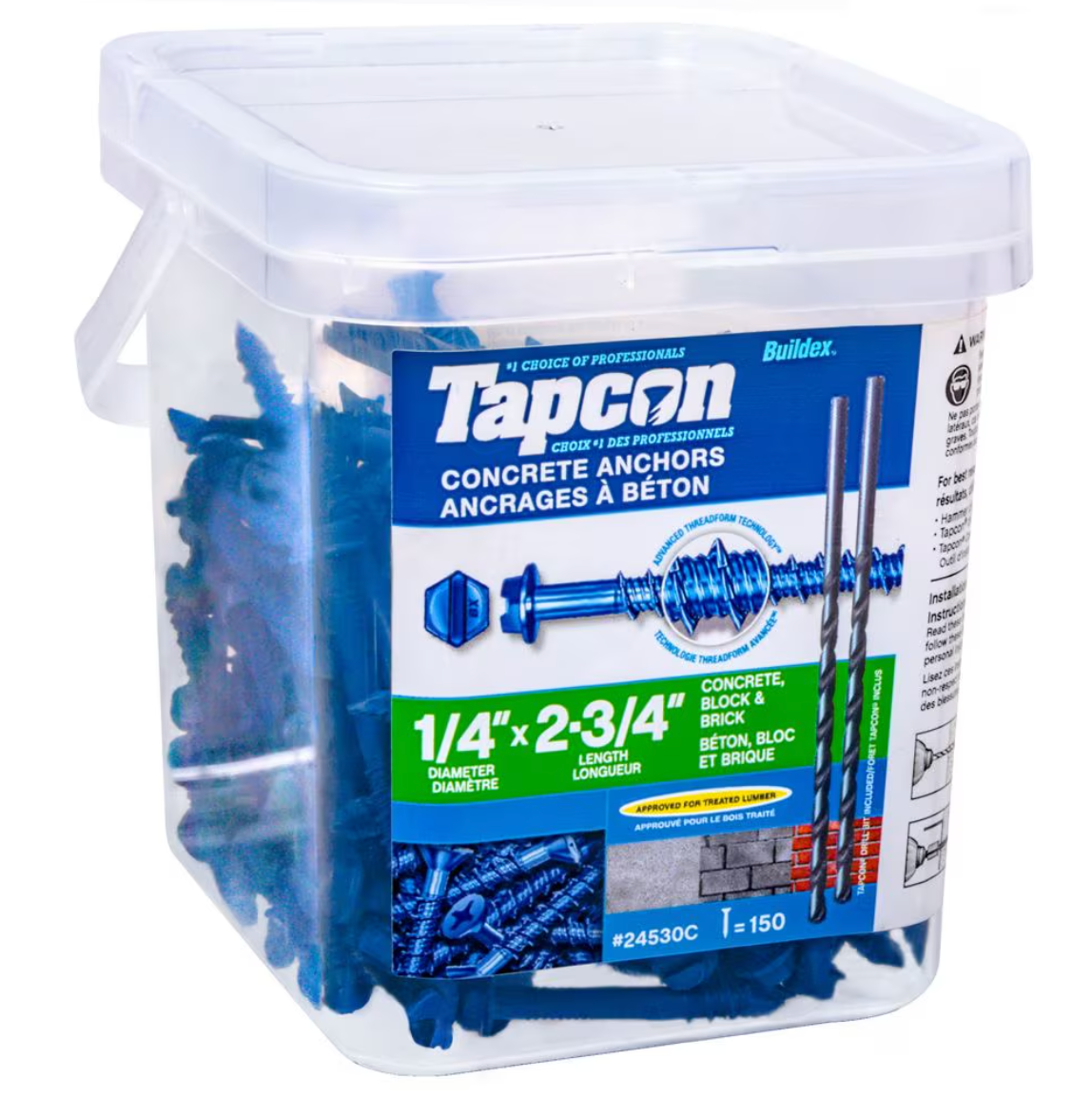 Boîte de 150 vis Tapcon bleues de 1/4" x 2-3/4" avec forets inclus, destinée à l’ancrage dans le béton, les blocs et la brique, approuvée pour le bois traité.