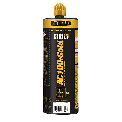 Cartouche cylindrique de colle DeWalt AC100+Gold noire avec des accents jaunes et un bouchon jaune, affichant le logo DeWalt, la mention "Engineered by Powers", ainsi que plusieurs logos de certification et un code-barres.