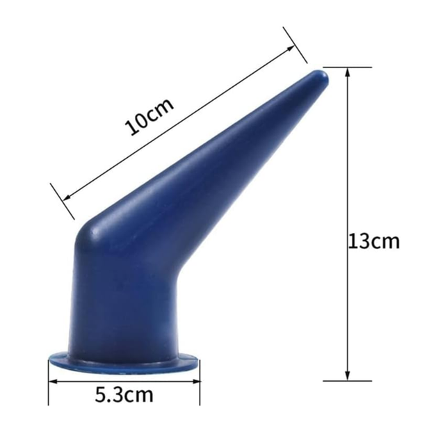 Blue angled sealant nozzle with dimensions: 10 cm long, 13 cm high, 5.3 cm base
