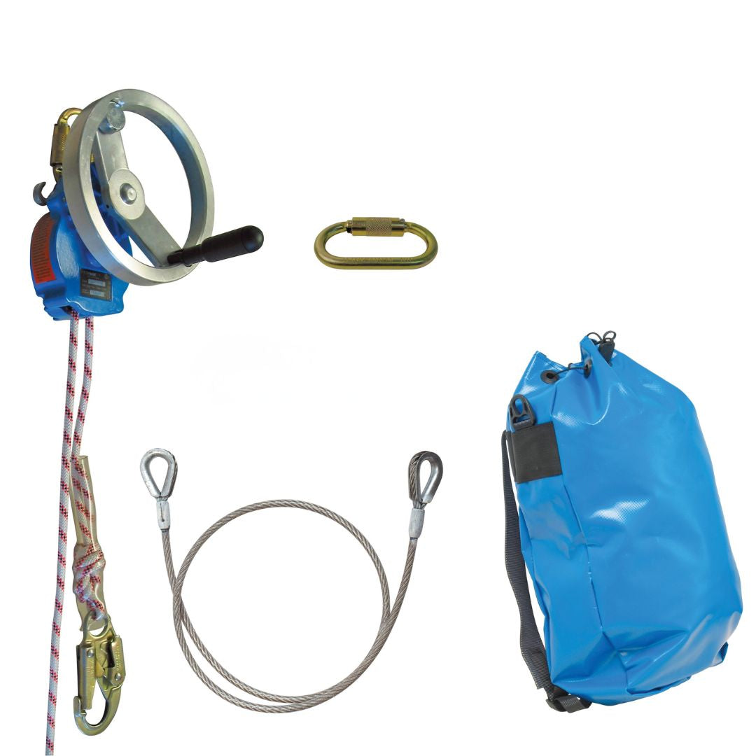 Trousse de sauvetage en hauteur Tractel Derope : treuil, corde, câble d'acier, mousqueton et sac bleu