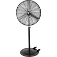 Ventilateur industriel sur pied noir avec grille circulaire, vue de trois quarts