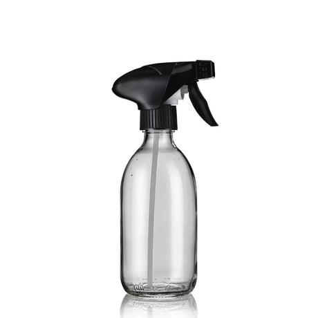 Clear glass 300 ml spray bottle with black trigger sprayer