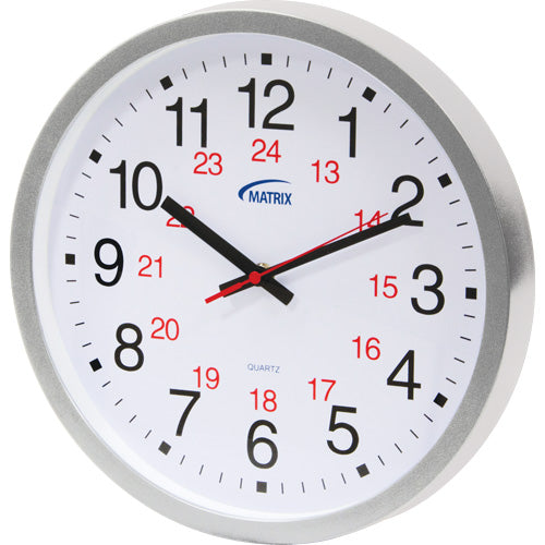 12/24 Hour Clock, Analog, Battery Operated, 12", Silver - HT072