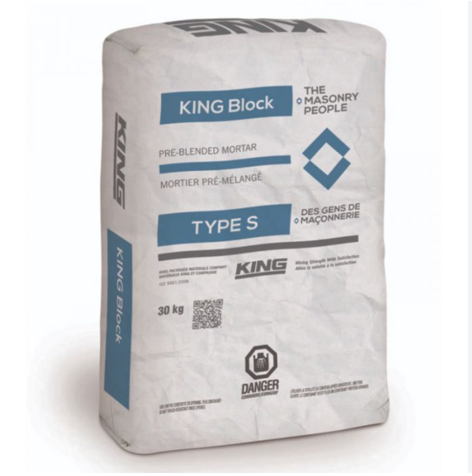 Sac de mortier pré-mélangé KING Block Type S de 30 kg, marque KING, destiné à la maçonnerie.