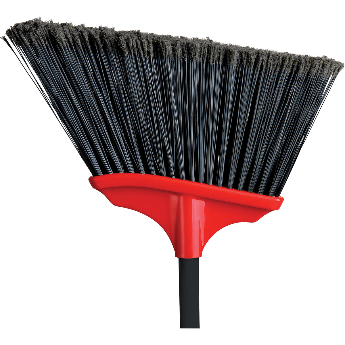Indoor broom head with flared black bristles, red plastic bracket and handle