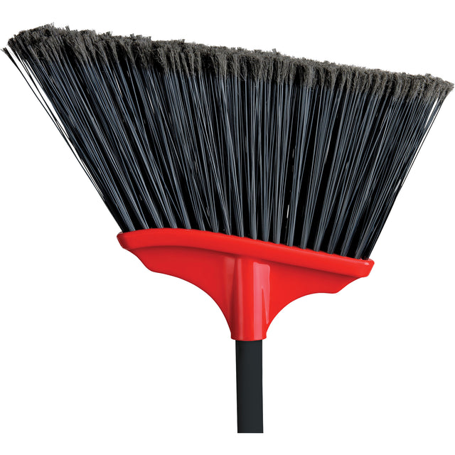 Indoor broom head with flared black bristles, red plastic bracket and handle