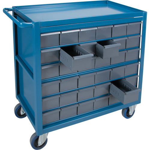 Chariot à tablette avec tiroir, 1200 lb Capacité, Acier, 18" x la, 35" x ha, 36" p, Roues en Caoutchouc, Entièrement soudé, 36 tirroirs - MA247