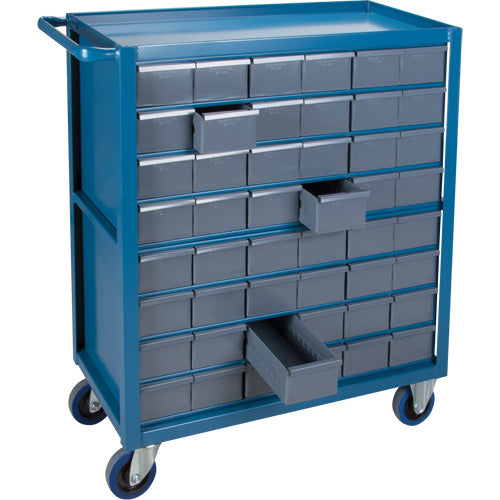 Chariot à tablette avec tiroir, 1200 lb Capacité, Acier, 18" x la, 35" x ha, 36" p, Roues en Caoutchouc, Entièrement soudé, 48 tirroirs - MA248