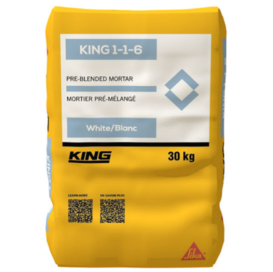 Sac de mortier pré-mélangé KING 1-1-6 blanc, 30 kg, marque KING du groupe Sika.