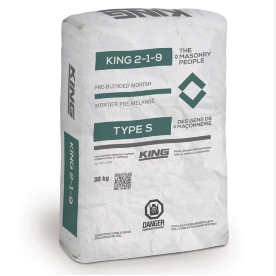 Sac de mortier pré-mélangé KING 2-1-9 de type S, 30 kg, avec inscriptions bilingues et logos de sécurité.