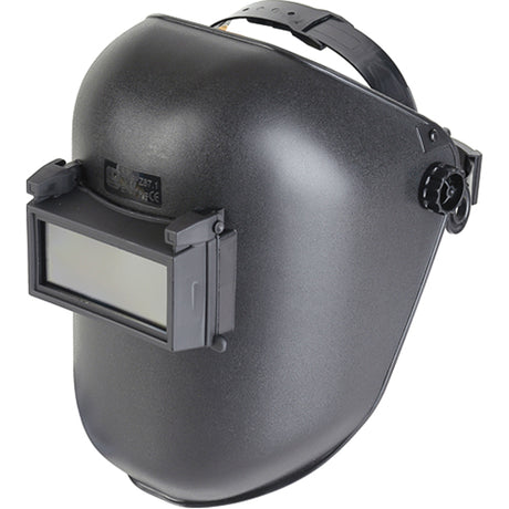 Masque de soudage noir avec visière rectangulaire ajustable et bande réglable sur la tête.