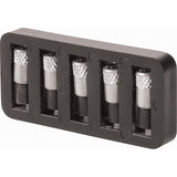 Porte-pierres en plastique noir avec cinq pierres pour briquet visibles, texture métallique sur les pierres.