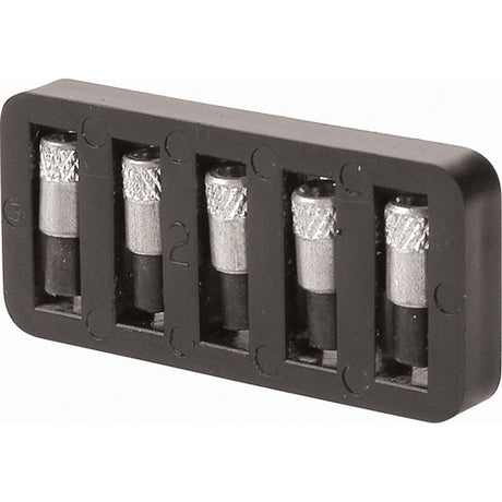 Porte-pierres en plastique noir avec cinq pierres pour briquet visibles, texture métallique sur les pierres.