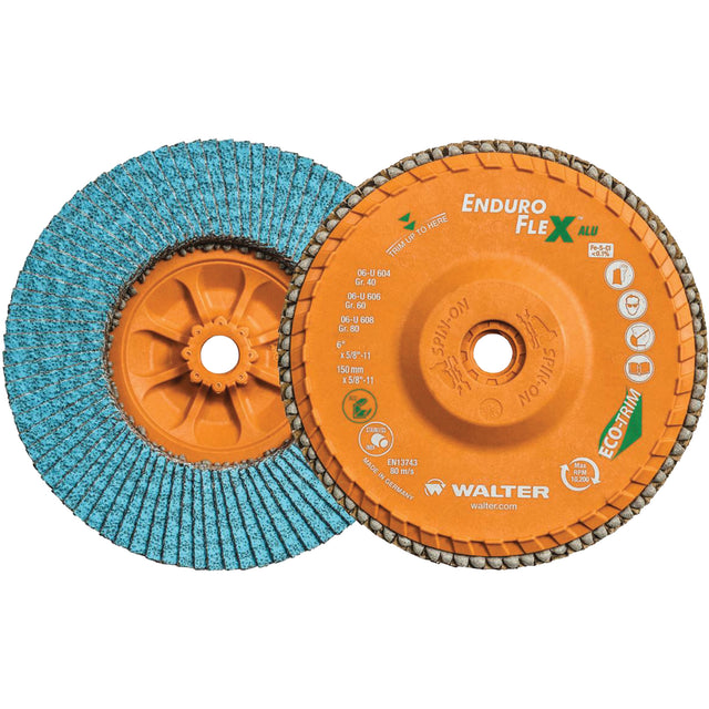 Walter Enduro-Flex Alu flap disc, 60 grit, 6 in., shown from both sides
