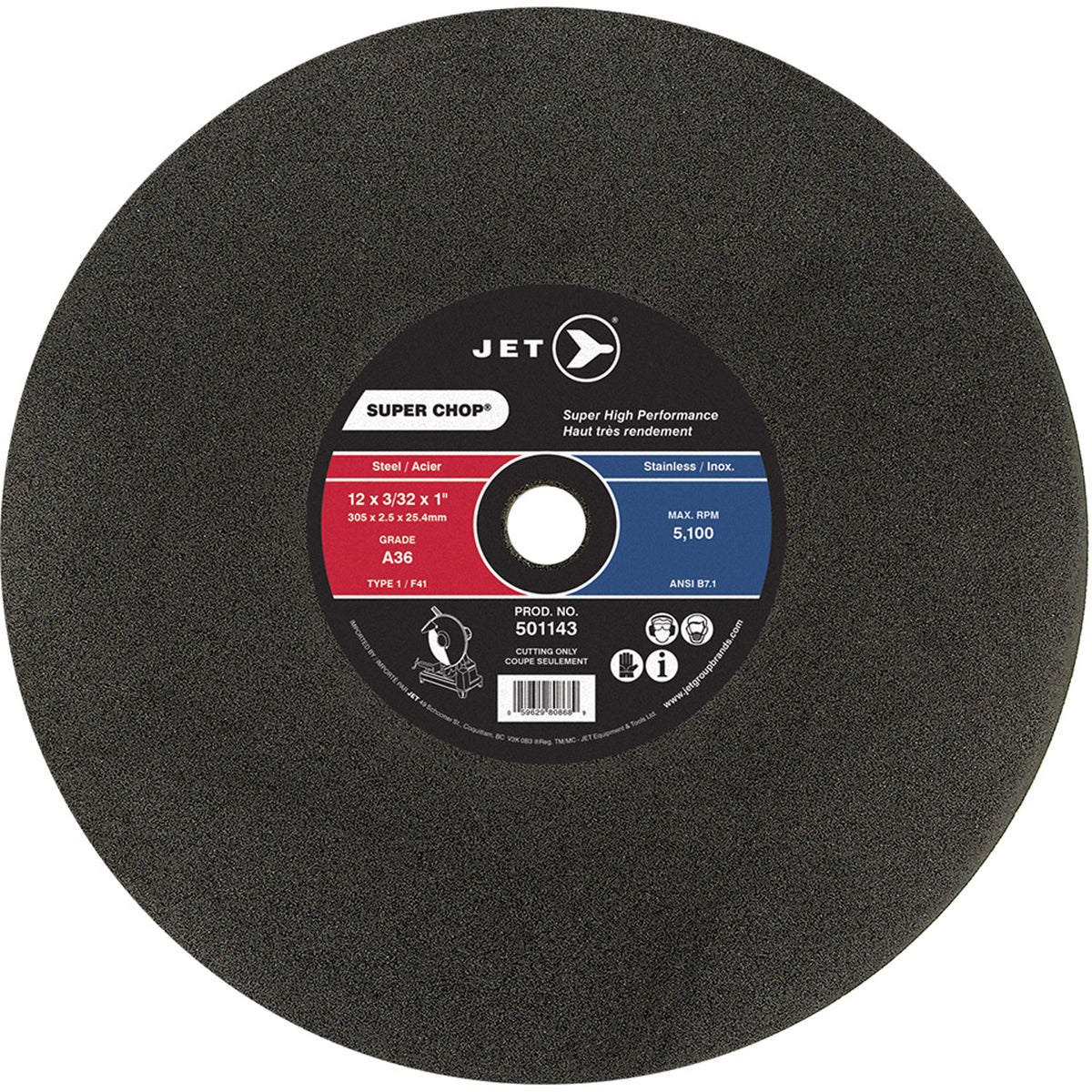 Jet Super Chop 12 in. cutting disc for steel and stainless, black with red and blue label