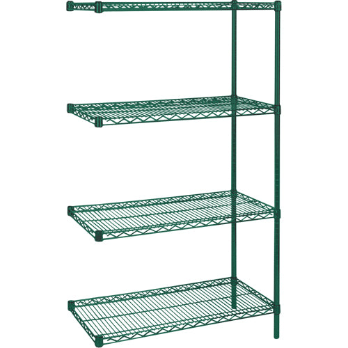 Étagères robustes en treillis métallique au fini époxy vert, Ensemble de Ajout, 4 Tablettes, 72" la x 63" h x 14" p - RN098