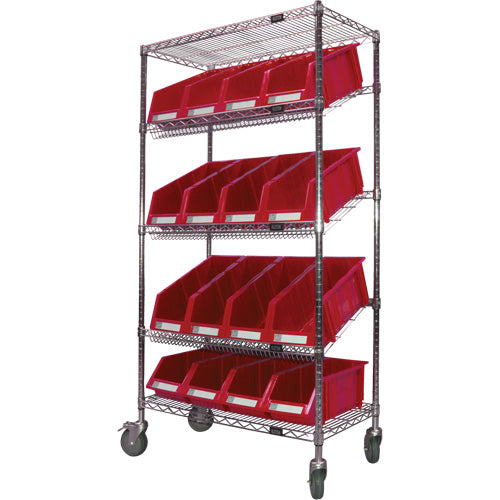 Chariot en treillis métallique à tablettes inclinées avec bacs, Tiers 5, 36" la x 69" h x 18" p - RN604