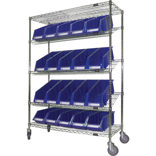 Chariot en treillis métallique à tablettes inclinées avec bacs, Tiers 5, 48" la x 69" h x 18" p - RN605