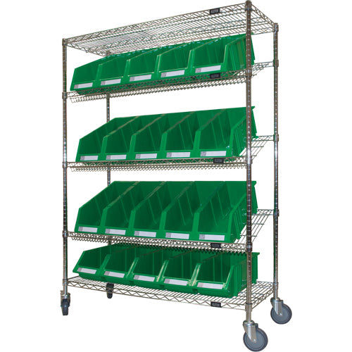 Chariot en treillis métallique à tablettes inclinées avec bacs, Tiers 5, 48" la x 69" h x 18" p - RN607