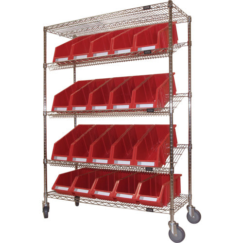 Chariot en treillis métallique à tablettes inclinées avec bacs, Tiers 5, 48" la x 69" h x 18" p - RN608