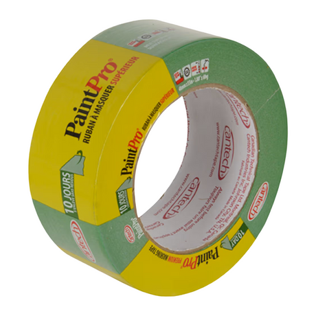 Roll of Cantech PaintPro premium masking tape, green paper, side view