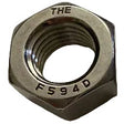 Close-up of a stainless steel hex nut marked F594D
