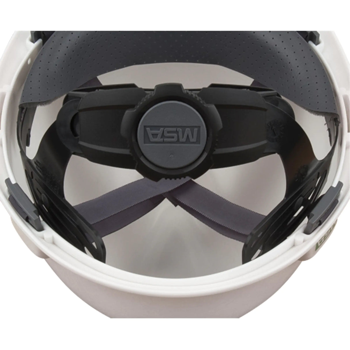 Intérieur d'un casque de sécurité blanc montrant la coiffe à cliquet MSA