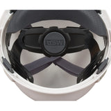 Intérieur d'un casque de sécurité blanc montrant la coiffe à cliquet MSA