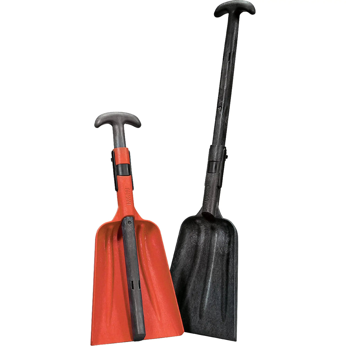 Deux pelles utilitaires compactes à manche en T, une orange et une noire
